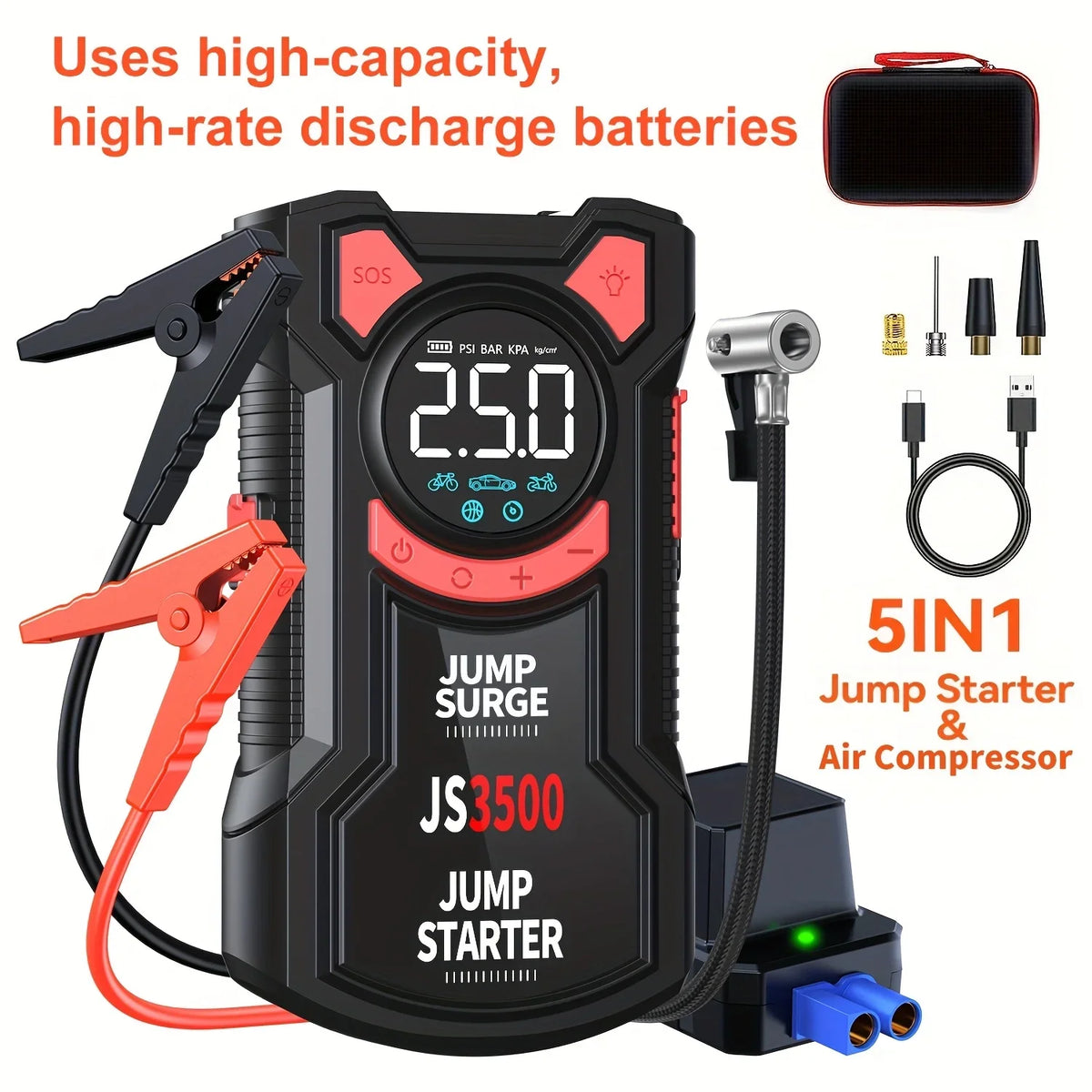 5-in-1 Car Jump Starter 5000A with Air Compressor & Power Bank