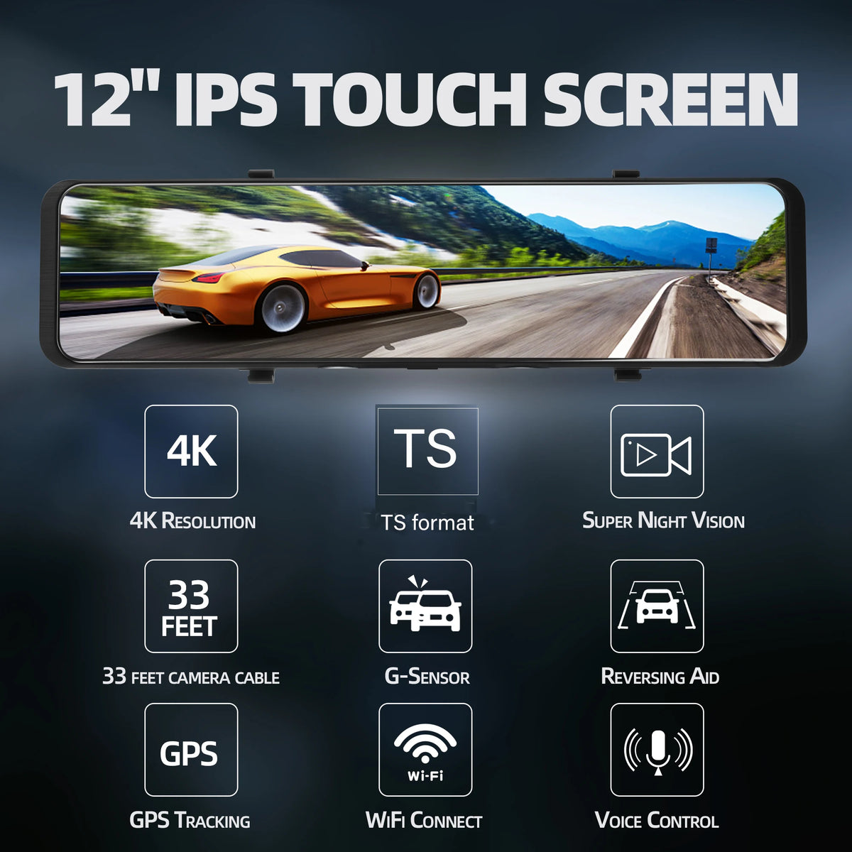 Zimtop 4K Dash Cam 12" Rearview Mirror, Dual Camera, WiFi GPS & AI Voice