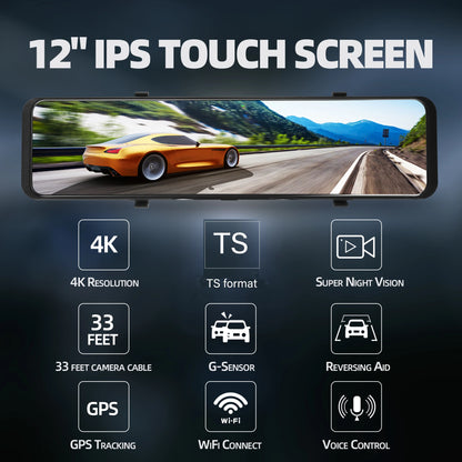 Zimtop 4K Dash Cam 12" Rearview Mirror, Dual Camera, WiFi GPS & AI Voice