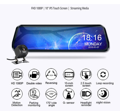 Zimtop H18 10" Dual Lens Dash Cam 1080P Rearview Mirror Camera