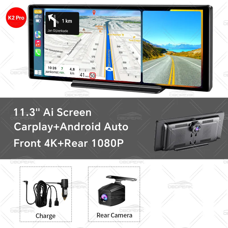 OBDPEAK 11.3" 4K Dash Cam Mirror Wireless CarPlay & Android Auto