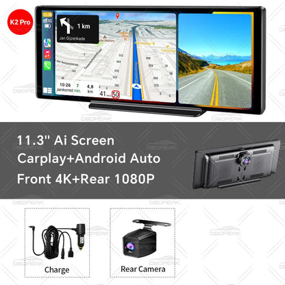 OBDPEAK 11.3" 4K Dash Cam Mirror Wireless CarPlay & Android Auto