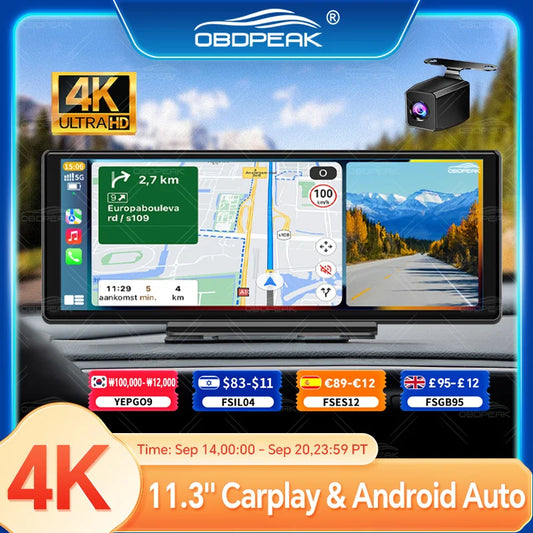 OBDPEAK 11.3" 4K Dash Cam Mirror Wireless CarPlay & Android Auto