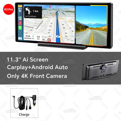 OBDPEAK 11.3" 4K Dash Cam Mirror Wireless CarPlay & Android Auto