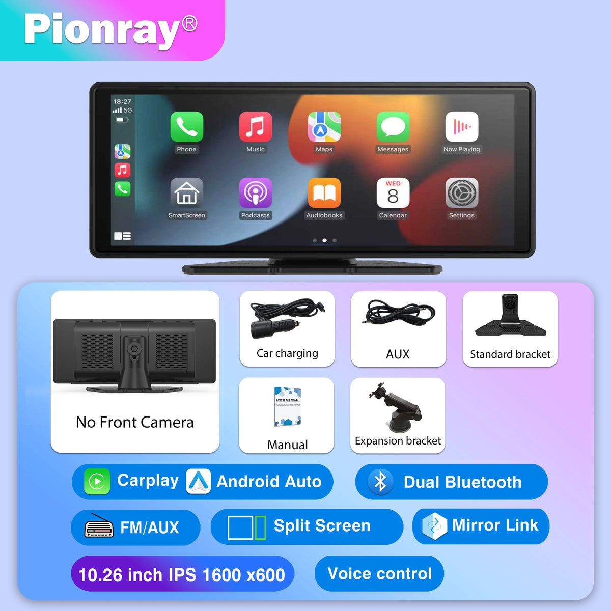 Pionray 10.26" Portable Car Stereo Wireless CarPlay & Android Auto