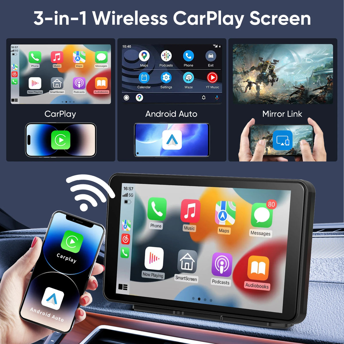 Pionray 10.26" Portable Car Stereo Wireless CarPlay & Android Auto