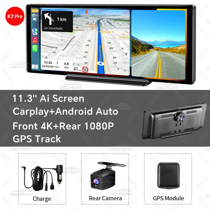 OBDPEAK 11.3" 4K Dash Cam Mirror Wireless CarPlay & Android Auto