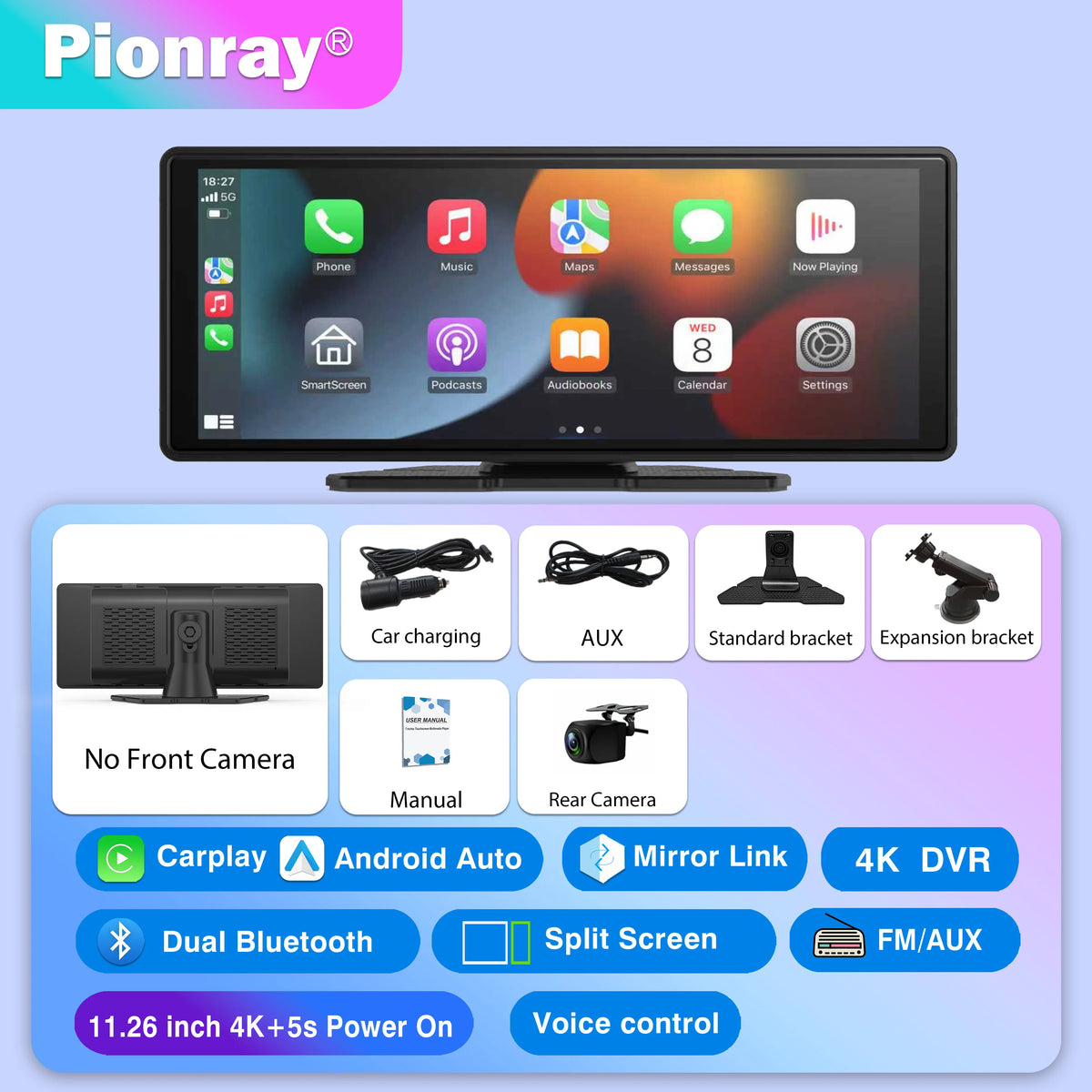 Pionray 10.26" Portable Car Stereo Wireless CarPlay & Android Auto