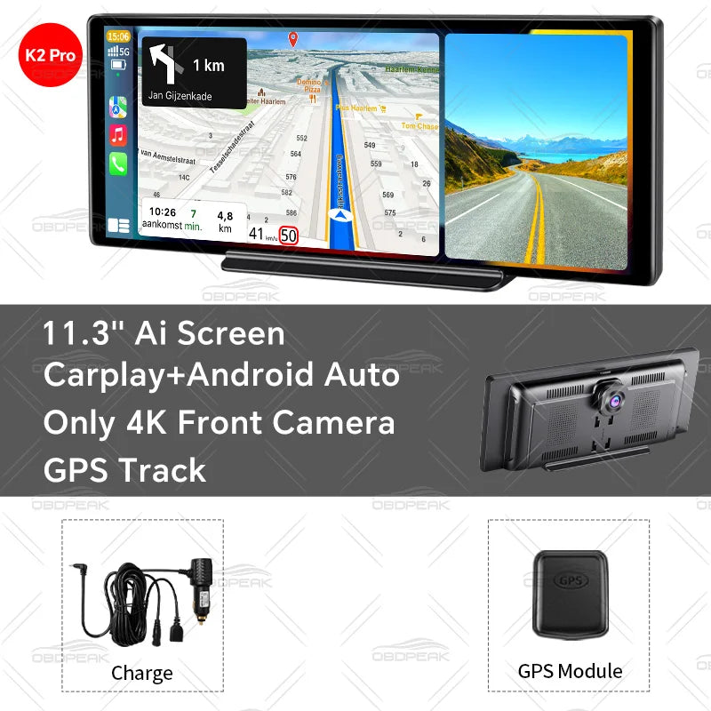 OBDPEAK 11.3" 4K Dash Cam Mirror Wireless CarPlay & Android Auto