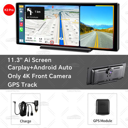 OBDPEAK 11.3" 4K Dash Cam Mirror Wireless CarPlay & Android Auto
