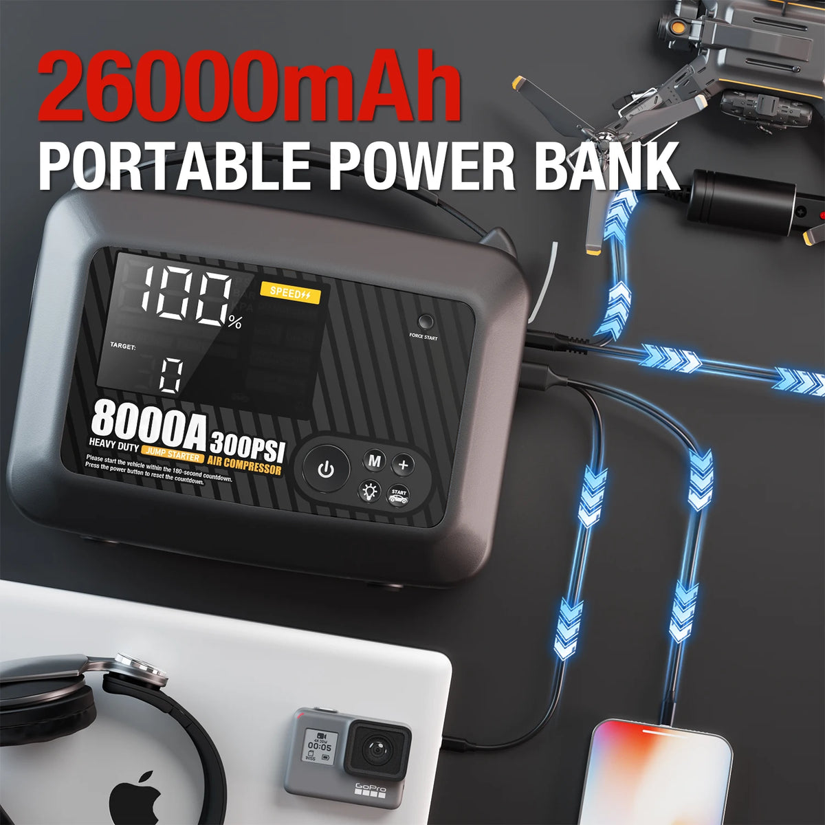 8000A Car Jump Starter with Air Compressor, 12V Portable Power Bank
