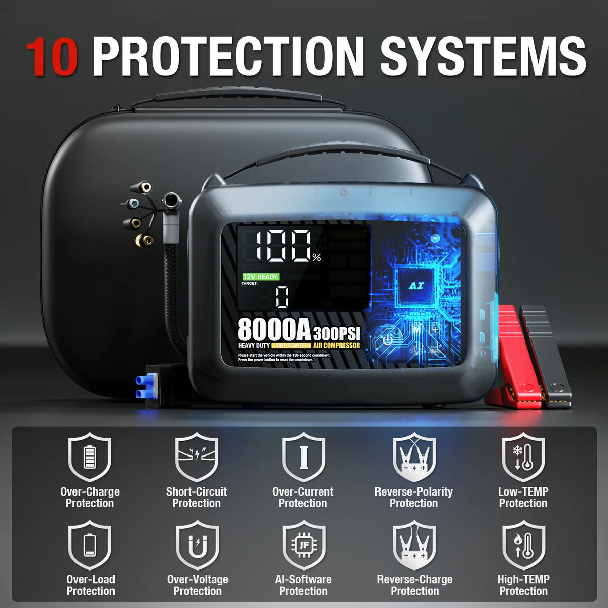 8000A Car Jump Starter with Air Compressor, 12V Portable Power Bank