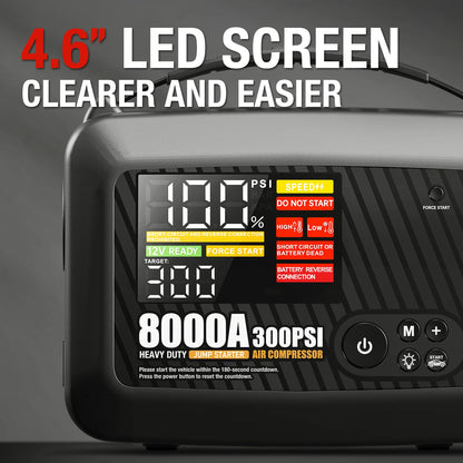 8000A Car Jump Starter with Air Compressor, 12V Portable Power Bank
