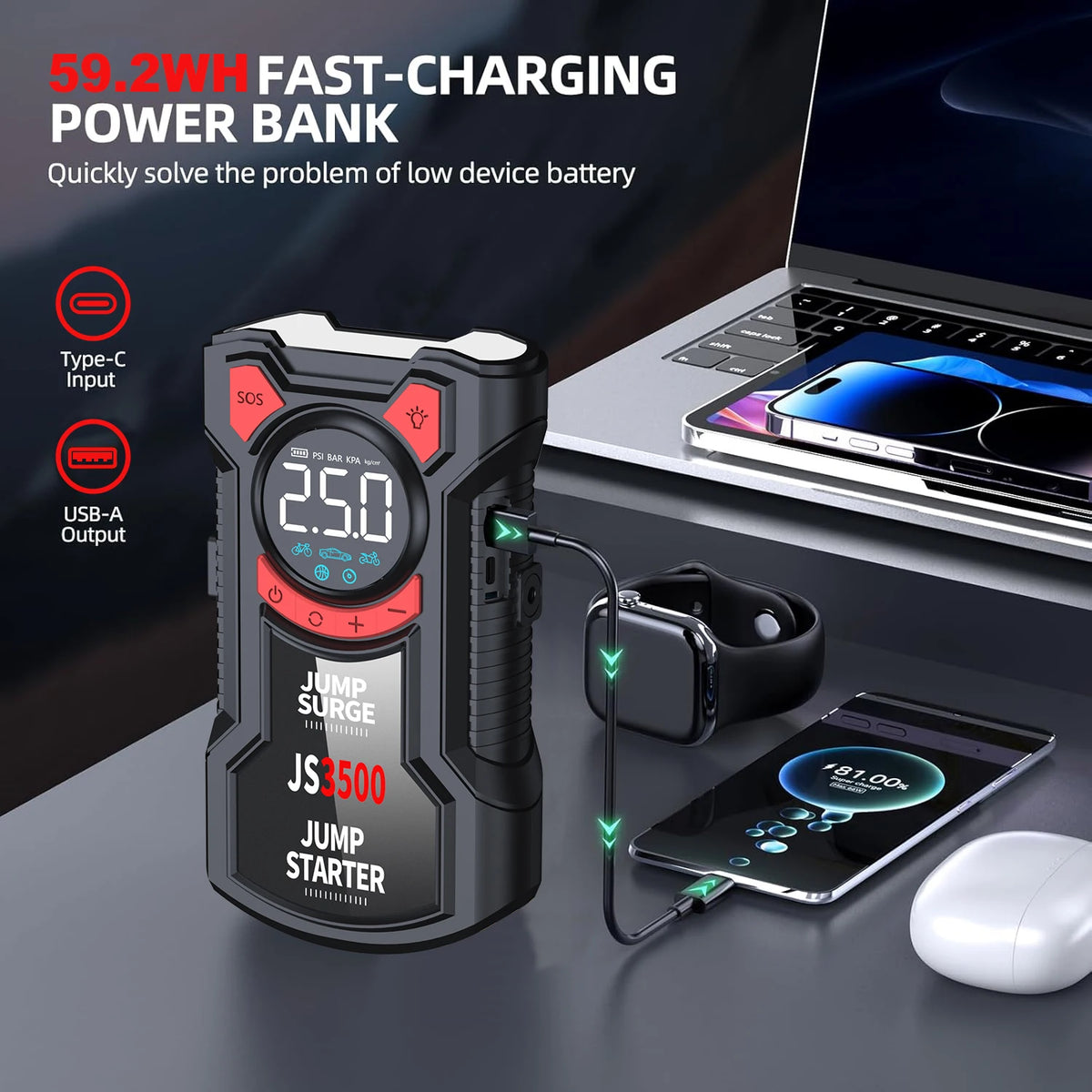 5-in-1 Car Jump Starter 5000A with Air Compressor & Power Bank