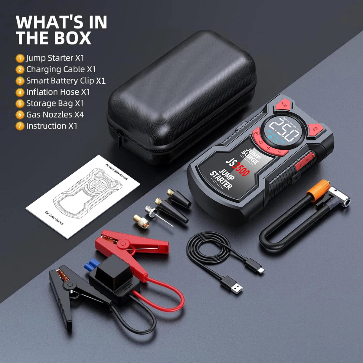 5-in-1 Car Jump Starter 5000A with Air Compressor & Power Bank