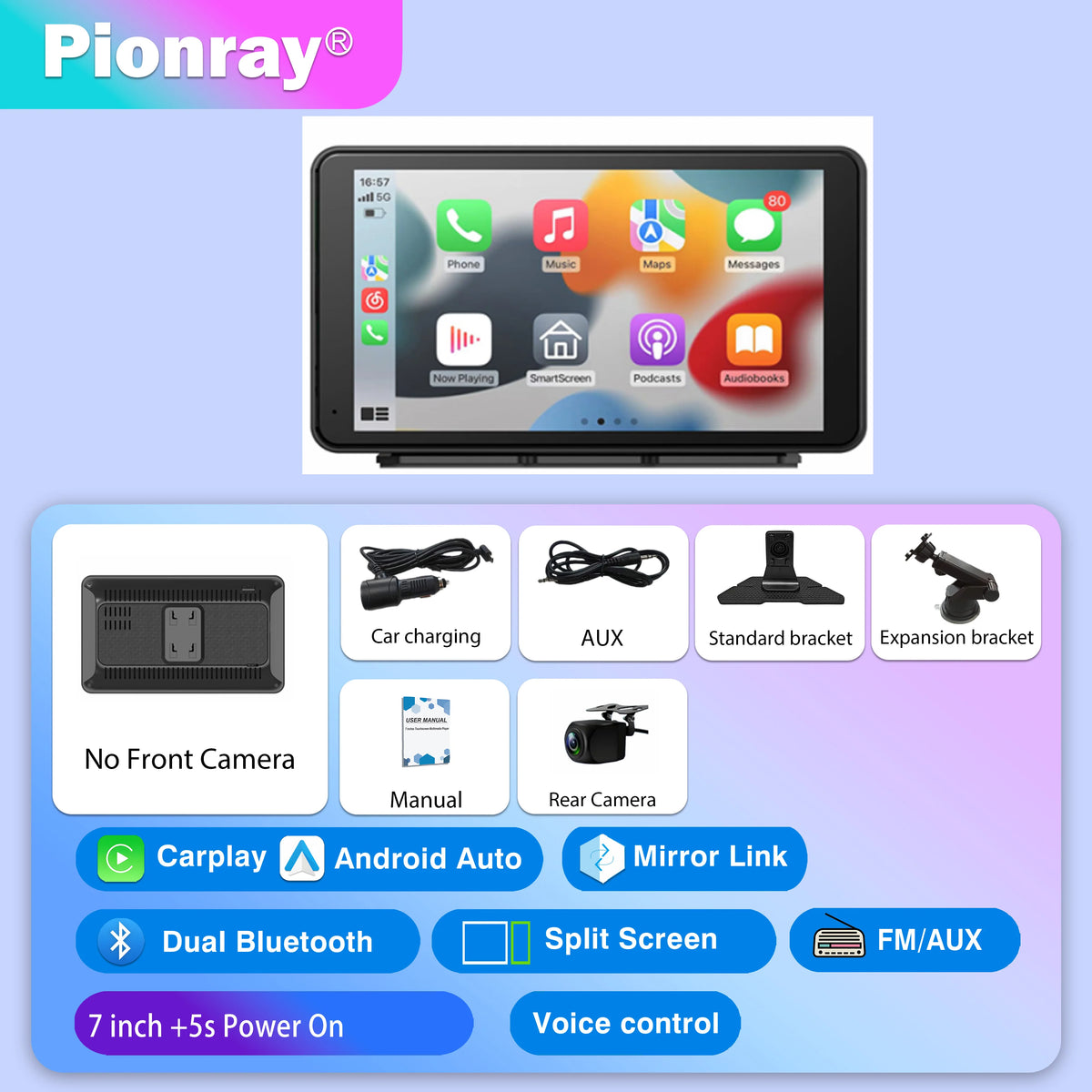 Pionray 10.26" Portable Car Stereo Wireless CarPlay & Android Auto