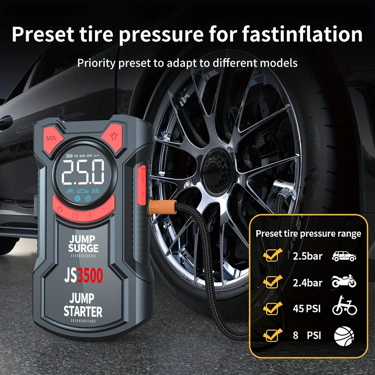 5-in-1 Car Jump Starter 5000A with Air Compressor & Power Bank