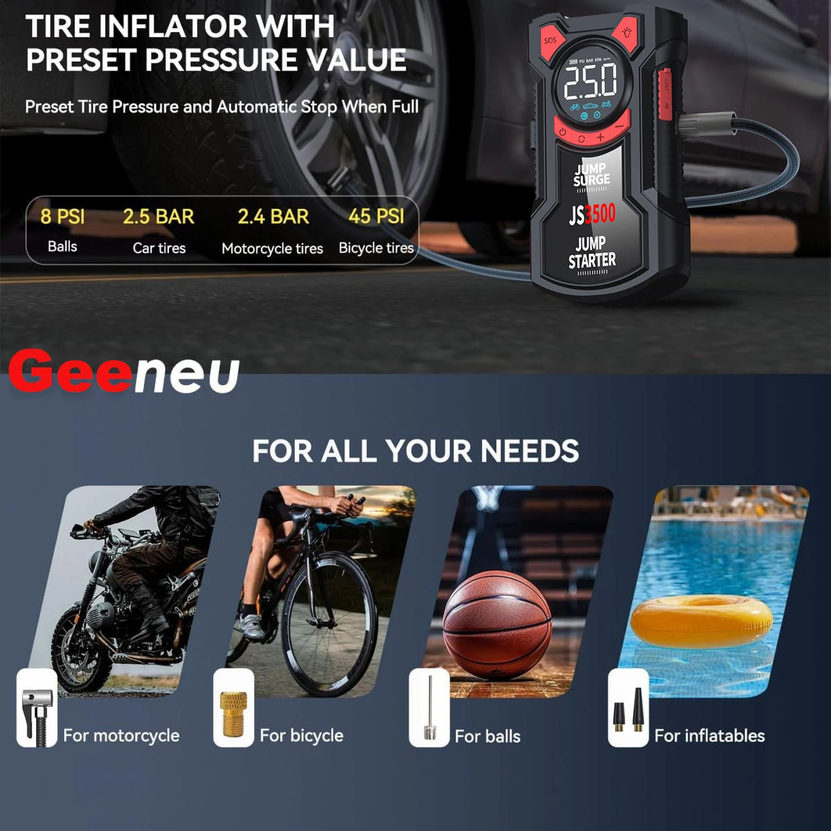 5-in-1 Car Jump Starter 5000A with Air Compressor & Power Bank