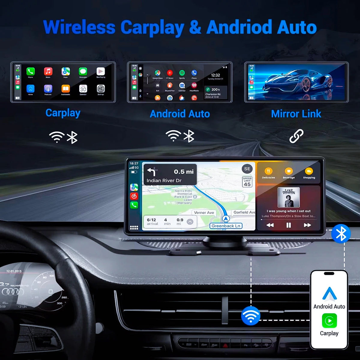 Pionray 10.26" Portable Car Stereo Wireless CarPlay & Android Auto